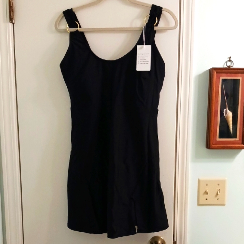 Black Swim Dress with Gold Accents
